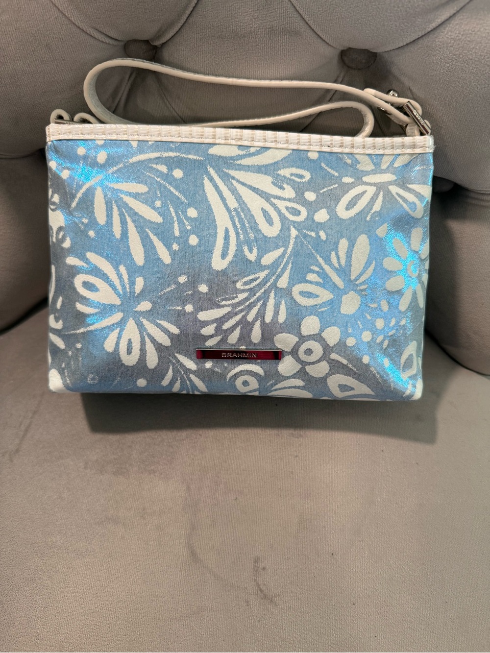 Brahmin Light Blue and White Floral Crossbody Bag
